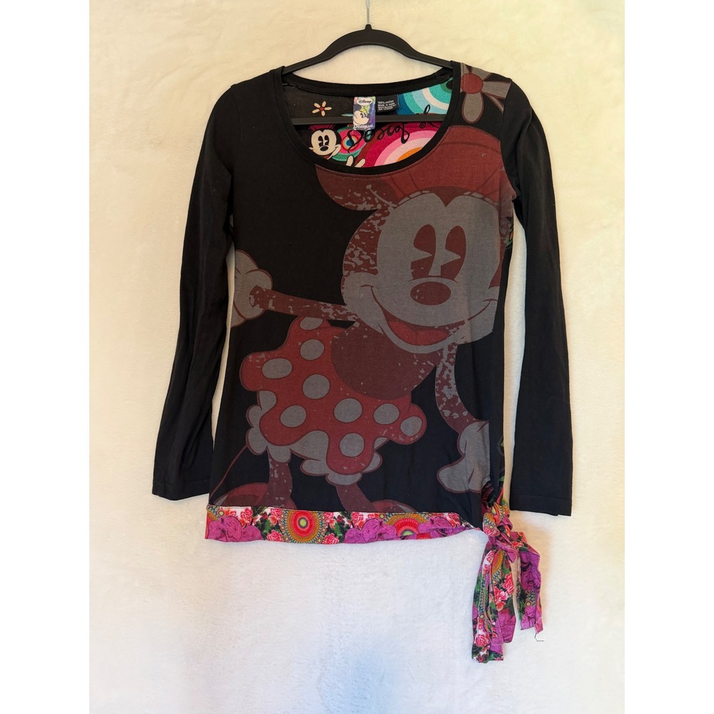 Desigual Disney Minnie Mouse Long Sleeve Top Black Cotton Graphic Shirt Side Tie